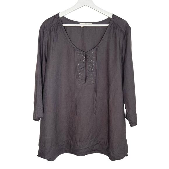 Eileen Fisher Irish Linen Beaded 3/4 Sleeve Scoop Neck Blouse Top Gray Womens XL - Picture 1 of 8